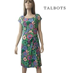 Talbots Jersey Floral Bella Shift Dress Knot Waist Tie Colourful Cap Sleeve NWOT